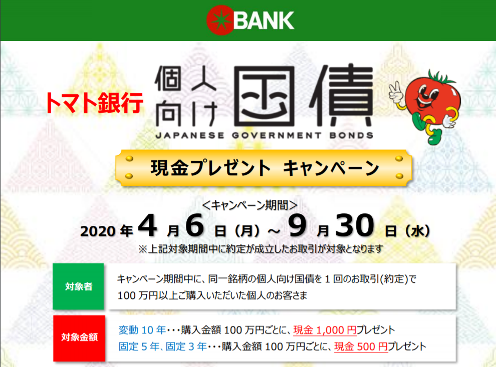トマト銀行2020年4月から個人向け国債キャンペーン