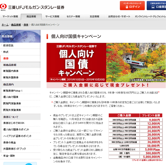 三菱ＵＦＪモルガンスタンレー証券２７年１０月個人向け国債キャンペーン