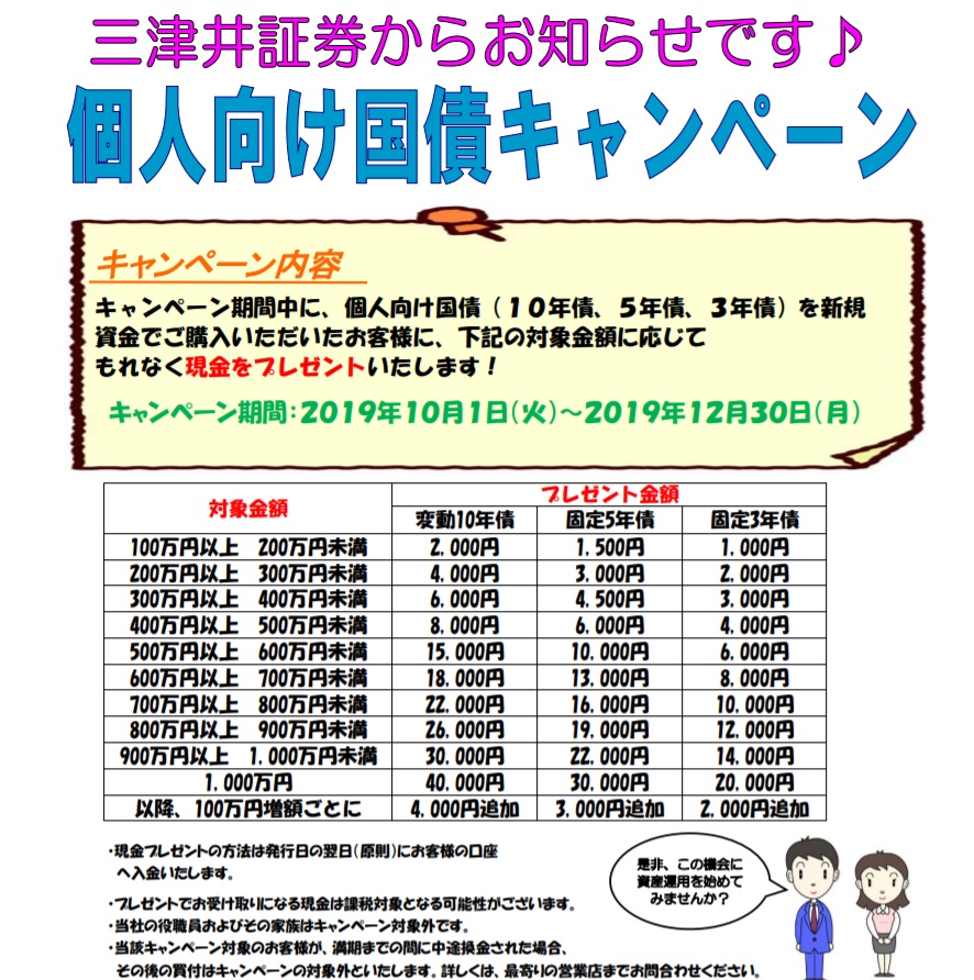 三津井証券10月から12月個人向け国債キャンペーン