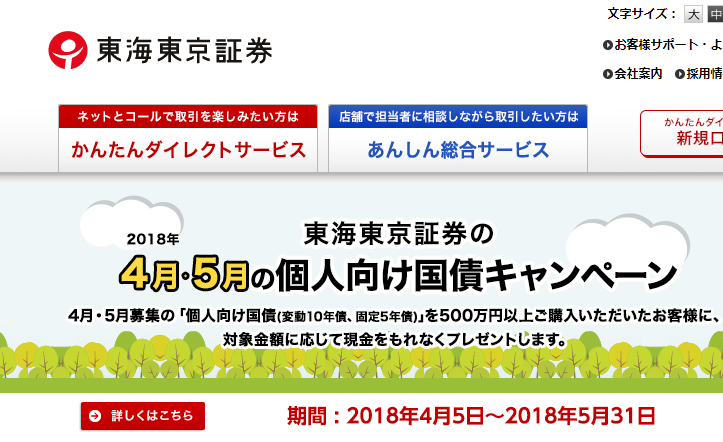 東海東京証券の個人向け国債キャンペーン30年4月・5月