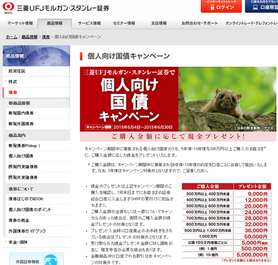 三菱ＵＦＪモルガン・スタンレー証券個人向け国債キャンペーン画面