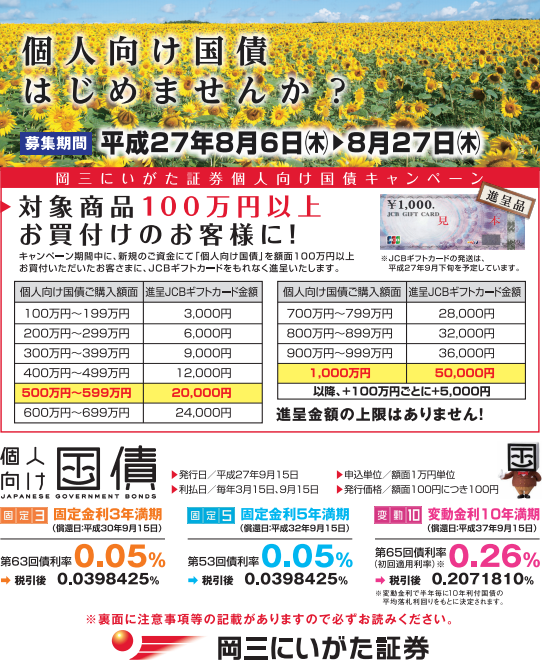 岡三 新潟証券個人向け国債キャンペーン８月